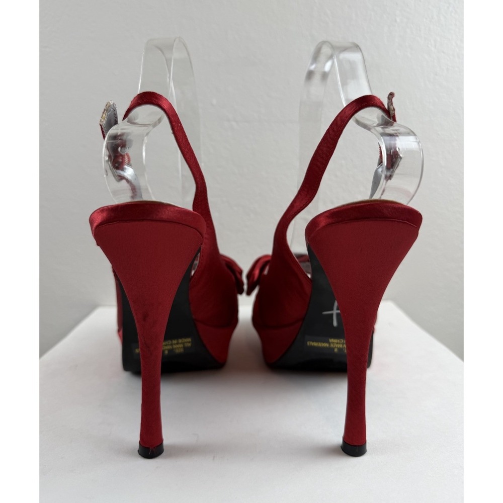 Y2K Night Moves Red Bow Satin Rhinestone Buckle Platform Slingback Heels Size 8 - Picture 7 of 10